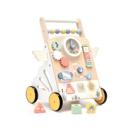 KizKnows Wooden Baby Walker with Activity Center, Adjustable Speed Push Walker for Toddlers, Sit-to-Stand Learning Walker Toy for Boys & Girls 12–24 Months