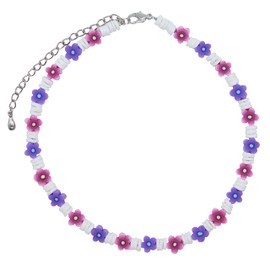 Puka Shell Necklace for Women, Y2k Jewelry VSCO Seashell Necklace, Genuine Round Smooth Shell Beads, Beach Choker, Trendy Hawaiian Surfer Necklace, Trendy Summer Fashion Jewelry (Pink/Purple Daisy)