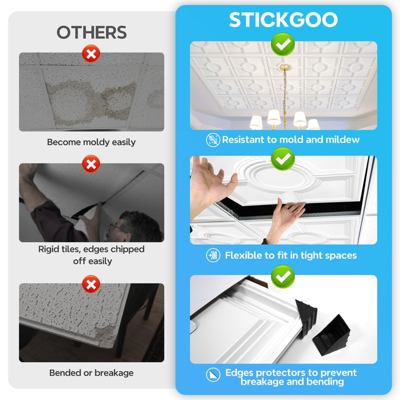 STICKGOO Drop Ceiling Tiles 24 x 24in, Waterproof, Premium PVC