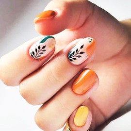 24Pcs Leaves Press on Nails for Manicure Art with Olive Branch Design, Glossy Orange Acrylic Medium Oval Fake Nails Gel Glue on Nails Autumn Full Cover False Nails Stick on Nails for Women Girls