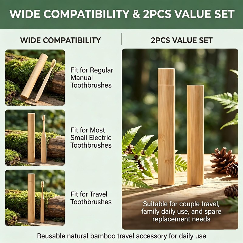 2 Pcs Travel Bamboo Toothbrush Case with Breathable Drain Hole