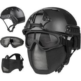 VPZenar Airsoft Helmet,Tactical Mesh Mask with Ear Protetion and Anti Fog Googles, Black Helmets for Adults Military Gear