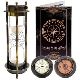 Brass Compass Hourglass Nautical Maritime Sand Timer & Desk Clock Vintage Hour Glass Metal Sand Watch Sand Clock Decorative Sandglass for Gift & Home Office Decor (Black Antique with White Sand)