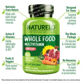 NATURELO Multivitamins for Teenage Girls/Boys, 180 Capsules, Whole Food Multivitamin with Minerals, Non-GMO, Vegetarian