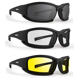 Epoch Eyewear Hybrid Motorcycle Riding Sunglasses Convertible to Goggles 3 Pair Black Frame w/Clear Smoke Yellow Lens