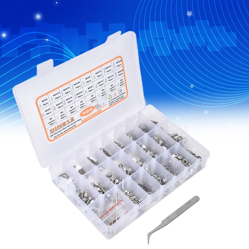 580Pcs Screws Nuts Washers Kit 304 Stainless Steel Cylindrical Head