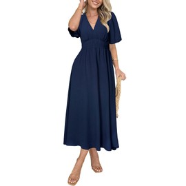 Simplee Women's Summer Flowy Midi Dress Casual V Neck Short Sleeve Empire Waist Boho Beach Dress Wedding Guest Maxi Dress Navy Blue,L