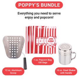 Poppy's Ultimate Popcorn Machine Supplies Bundle - Kernel Sifting Speed Scoop, Seasoning Dredge, 1-Ounce Popcorn Bags (100 Count) - Ideal Popcorn Supplies for Popcorn Machine, Commercial & Home Use