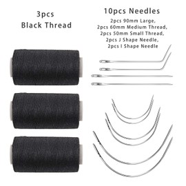 Ryalan Weaving Needle Combo Deal Black Thread with 10pcs Needle for Making Wig Sewing Hair Weft Hair Weave Extension, Big Medium and Small C J Shape Curved Needle I Needle (3 Thread Black + 10 Needle)