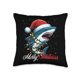 Shark Santa Hat Merry Christmas Lights Xmas Snow Throw Pillow