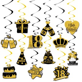 18th Birthday Decorations, Kaluofan 24 PCS 18th Birthday Hanging Decorations, Black and Gold Birthday Party Decorations, 18th Birthday Decorations for Boys and Girls to Celebrate Adulthood