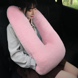 MissSoul Kids Travel Pillow for Car Seat with Hand Muff, Cartoon Neck & Headrest Seat Belt Pillow for Car Road Trips Long-Distance Travel Sleeping Pillow for Adults and Children, Pink