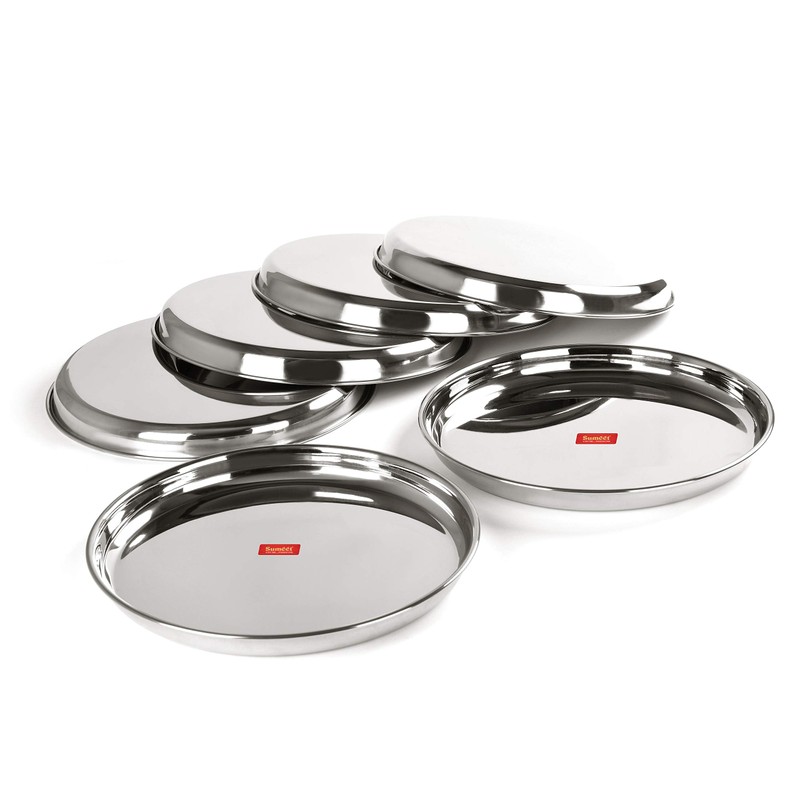 Sumeet Stainless Steel Heavy Gauge Deep Wall Dinner Plates with