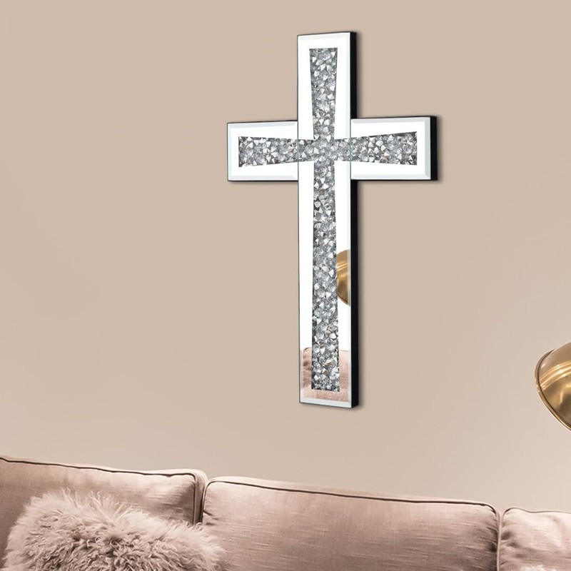 Aeveco Silver Mirrored Wall Cross 15×10 inch, Crystal Crush Diamond