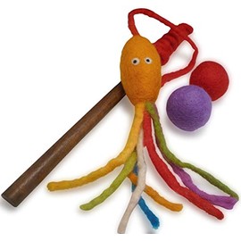 Earthtone Solutions Wool Cat Toy - Felted Wool Rainbow Squid Fish Wand Toy Plus 2 Felt Ball Toys for Indoor Cats and Kittens (Cat Squid Toy)
