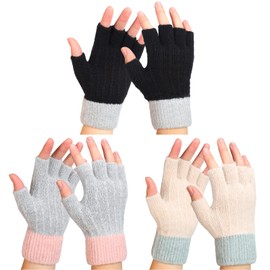 Neer 3 Pair Winter Cotton Fingerless Gloves Warm Windproof Half Fingers Mittens Stretchy Knit Women's Gloves for Cold Weather (Classic Colour)