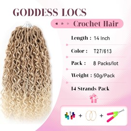 Aipin New Goddess Locs Crochet Hair 14 Inch Boho River Locs Hippie Locs Wavy Crochet With Curly Hair In Middle And Ends Braids Hair Extensions(8 Packs,14 inch,T27/613)