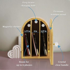 Lzttyee Phone Box for Family Time, Bamboo Cell Phone Jail, 3 Sections Hold 6 Phones, with Charging Holes, Phone Holder Self-Discipline Box, Help Kids Adults Focus Back, Mobile Phone Addiction (Wood)