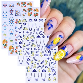 Bohemian Style Nail Art Stickers, Blue and Gold Self-Adhesive Floral Citrus Design, Summer Nail Decals for Women, 4 Sheets