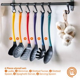 MasterChef Cooking Utensils Set, Non Toxic Kitchen Utensils Set for Nonstick Cookware, Non Scratch Plastic Kitchen Tools incl. Cooking Spoons & Spatulas, Heat Resistant Nylon, 6 Piece, Multi Colored