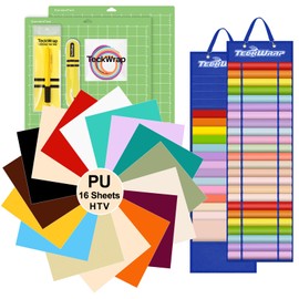 TECKWRAP HTV Heat Transfer Vinyl Bundle - 16 Sheets 12" x 12" Assorted Colors with Vinyl Storage Bag, Standard Grip Adhesive Cutting Mats, Vinyl Weeding Pen, Tweezers, and Slap Bracelets