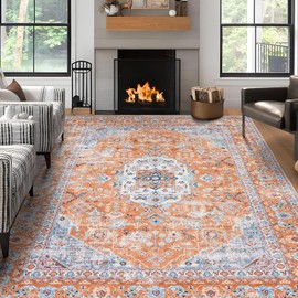 DECOMALL Kalina Washable Area Rugs, Bohemian Vintage Foldable Carpet for Living Room Bedroom Dinning Room, 6x9ft, Orange