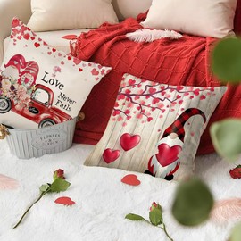 RABUSOFA Valentines Pillow Covers 18x18 Set of 4,Pink Gnome Holiday Anniversary Wedding Cushion Covers,Valentines Day Decor Truck Heart Throw Pillows Cases for Couch