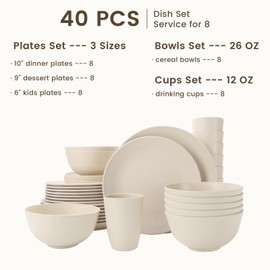 Homienly 40 PCS Dinnerware Set Service for 8, Kitchen Wheat Straw Dinnerware Set Unbreakable - Plates Set, Bowls Set,Cups Set, Microwave and Dishwasher Safe Dish Set for Dinner, Outdoor(Beige)