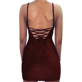 VANCOL Women's Sexy Glitter Spagetti Straps Lace Up Back Bandage Bodycon Mini Club Party Dress (S, Wine Red)