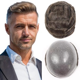 Toupee for Men Human Hair System Piece 0.06mm V Looped Ultra Thin Skin Mens Toupee Invisible Hairline Hairpieces for Male Man Hair Patch Replacement Wigs #4 Medium Brown with 20% Grey 8x10inch