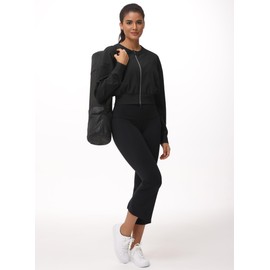 THE GYM PEOPLE Women's Cropped Jackets Full Zip Long Sleeve Ribbed Workout Sweatshirts Lightweight Casual Tops Black