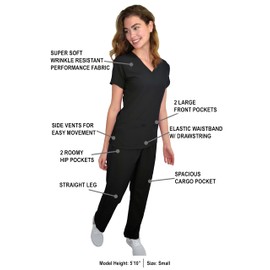 Green Town Scrubs for Women Scrub Set - V-Neck Top and Straight Leg Pant, 5 Pockets, Easy Care, Solids and Prints Uniforms -Black-Large