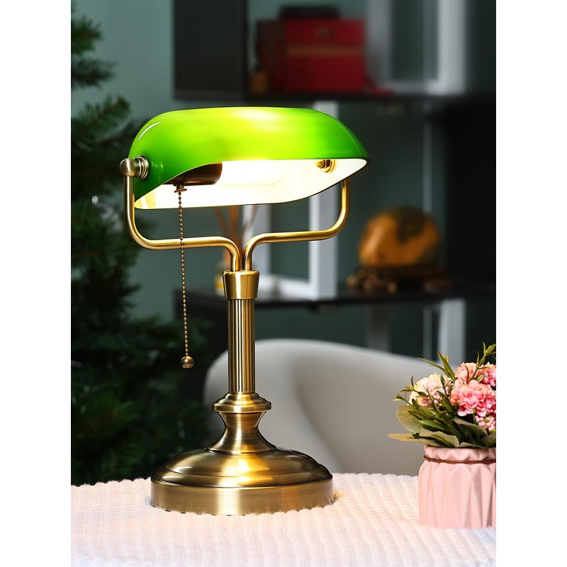 LOFOB Traditional Banker's Desk Lamp with Glass Shade,Pull Chain Switch,