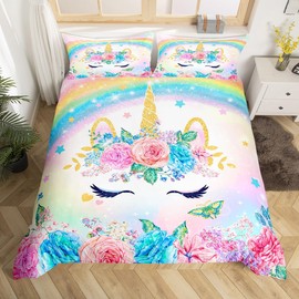 Homemissing Unicorn Bed Linen Set 135 x 200 cm for Children Girls Bedroom Decorations Teens 3D Colourful Unicorn Rainbow Bedding Duvet Cover Set Ultra Soft and Fluffy Flower Bed Linen