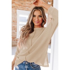Poetsky Womens Casual Tunic Tops with Elbow Length Sleeves Crew Neck Waffle Knitted Shirts Oversized Long Pullover Sweater with Slits Apricot S