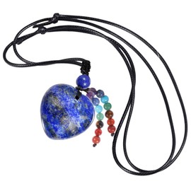 KYEYGWO 7 Chakra Crystal Heart Pendant for Men and Women, Heart Shape Gemstone Necklace, Healing Stone Necklaces, Love Amulet Blessing Jewellery, Lucky Charm, Lapis Lazuli 7 chakras stone Wax rope,