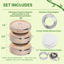 Dumpling Bamboo Steamer 10 Inch 2 Tier Wooden Basket With Handle, Ring Adapter, Reusable Silicone Liner, Kit For Cooking Baby Bao Bun, Dim Sum, Rice Potsticker Steaming Chinese Asian Food & Vegetables