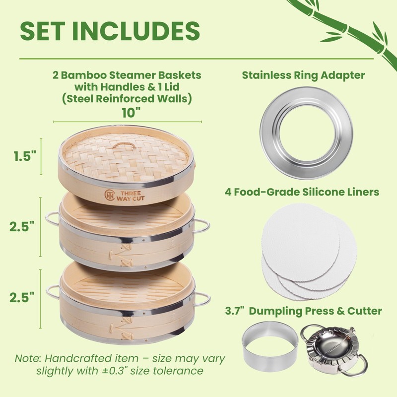 Dumpling Bamboo Steamer 10 Inch 2 Tier Wooden Basket With