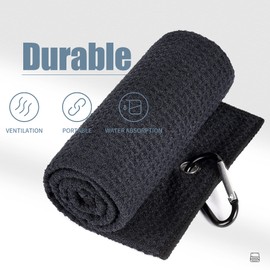 Mile High Life Tri-fold Golf Towel | Premium Microfiber Fabric | Waffle Pattern | with Heavy Duty Carabiner Clip | Golf Towel for Men and Women (Black + Gray/Black)