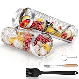Modaura 2PCS Rolling Grill Baskets for Outdoor Grill, Big Green Egg Accessories-Set Includes Fork, Hook, and Oil Brush-304g Stainless Steel-Perfect Gifts for Dad, Camping Must Haves, Unique Gifts