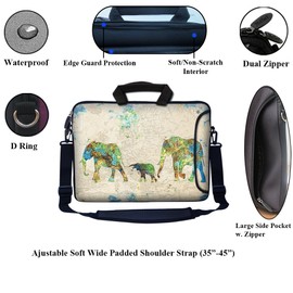 Meffort Inc 17 17.3 inch Neoprene Laptop Bag Sleeve with Extra Side Pocket, Soft Carrying Handle & Removable Shoulder Strap for 16" to 17.3" Size Notebook Computer - Family of Elephants