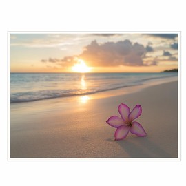 Tropical Beach Sunset with Pink Plumeria Wall Art – Peaceful Ocean Scene Canvas Print for Zen Coastal Decor, Spa, or Relaxation Room-11x14Inch Ready to Hang (Unframed)