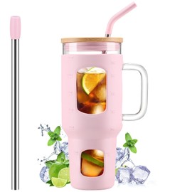 WINSA Glass Tumbler with Straw and Lid, 40 oz Glass Cup with Handle, Glass Water Bottles with Time Marker, 2 Straws - Pearl Straw & Drinking Straw Silicone Protective Sleeve-Pink