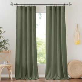 RYB HOME Green Linen Sheer Curtains 102 inches Long, Thick Linen Blend Fabric Semi-Sheer Privacy Breathable Panels for Living Room Bedroom Dining Room, 52"x 102", Olive Green, 2 Panels