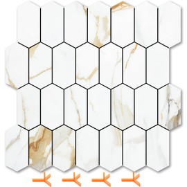 Vamos Tile Long Hexagon Peel and Stick Backsplash Tile - 10 Sheets Stick on Backsplash for Kitchen and Bathroom 12.4 x 12 Inch Calacatta Gold PVC Self Adhesive Mosaic Wall Tiles