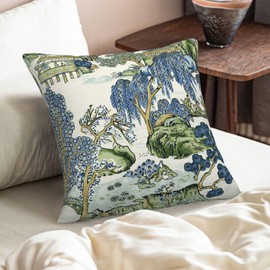 Wsunsal Chinoiserie Pillow Covers 22x22 Inch Set of 2, Asian Scenic Blue and Kelly Green Throw Pillows Farmhouse Chinoiserie Outdoor Decorative Pillowcase Linen Cushion Cover for Home Sofa Bedroom