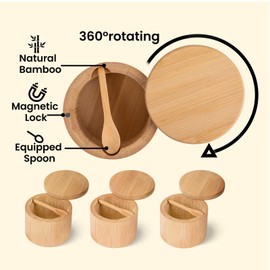 Fibogollo Bamboo Salt Cellar (3 pack),Salt Box with Built-in Spoon,Spice Container Holder with Swivel Magnetic Lid