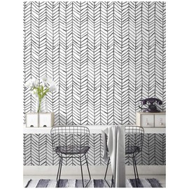 HaokHome 96020-1 Modern Stripe Peel and Stick Wallpaper Herringbone Black White Vinyl Self Adhesive Decorative 17.7in x 9.8ft