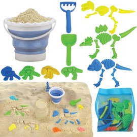TOY Life 30 Pcs Dinosaur Fossil Beach Toys for Kids Ages 4-8 Collapsible Sand Toys with Dinosaur Toys Silicone Bucket Shovels & Dino Digging Building Kit Molds, Sandbox Toy for Summer, Travel