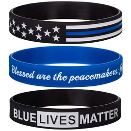 Sainstone Police Blue Lives Matter Thin Blue Line Bracelets with American Flag, Bald Eagle and Policeman's Prayer - Support Law Enforcement Silicone Rubber Wristbands Gifts for Police Cops